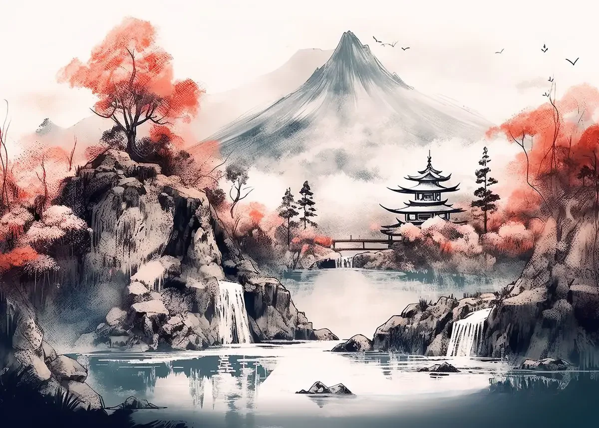Affiche Japonaise Paysage Roches et Cerisiers