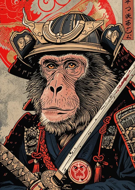 Affiche Japonaise Rétro Chimpanzé Samouraï