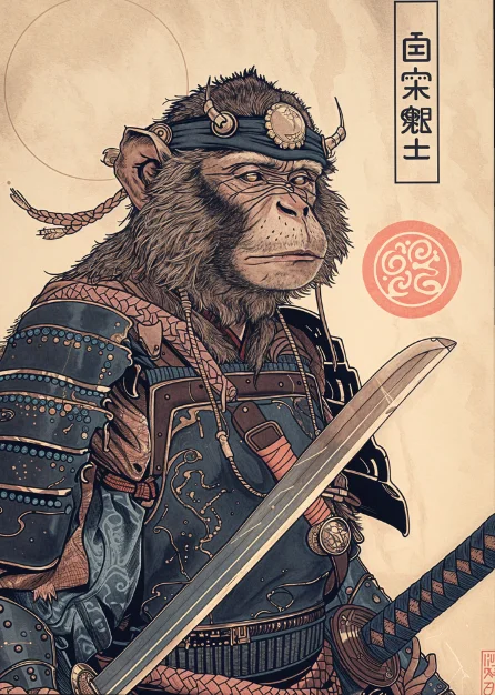 Affiche Japonaise Rétro Chimpanzé Samouraï - Image 2
