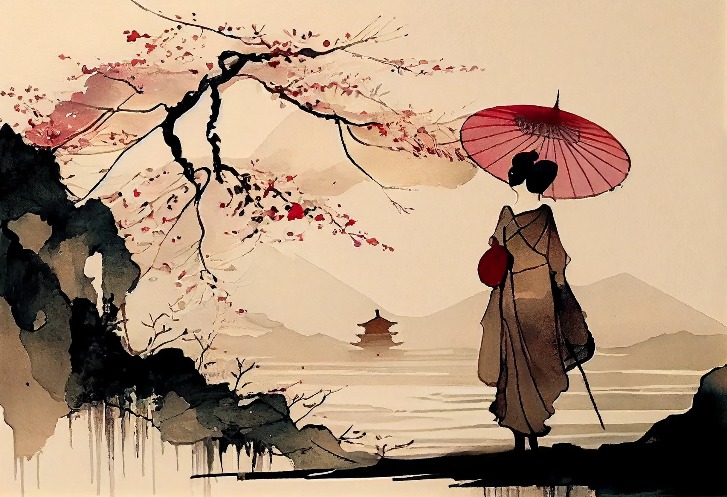 Affiche Japonaise Rétro Femme Ombrelle en Main