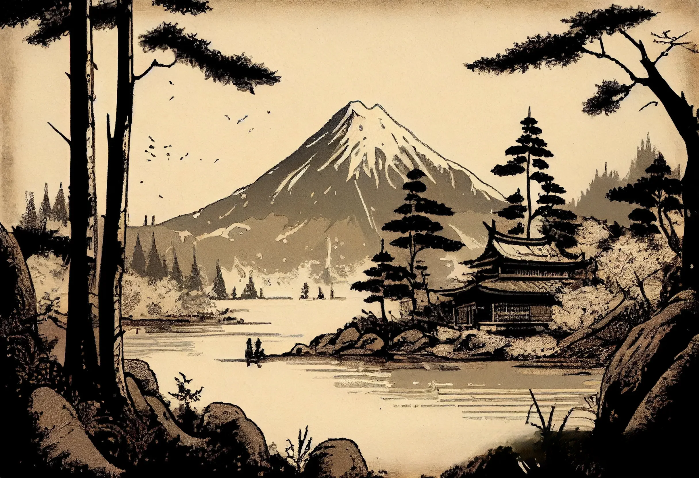 Affiche Japonaise Rétro Lac et Mont Fuji