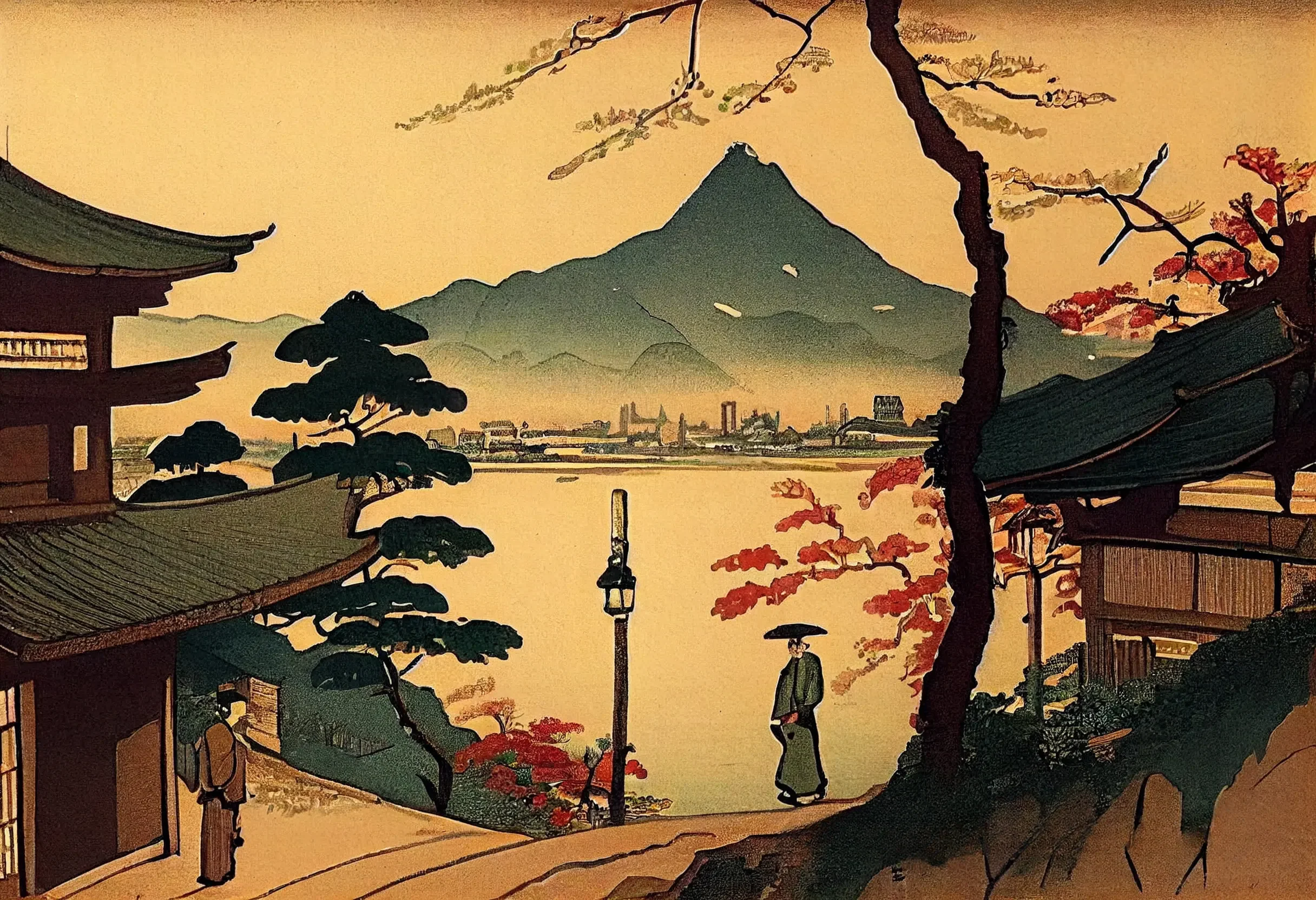 Affiche Japonaise Rétro Maison Traditionnelle et Fuji Yama