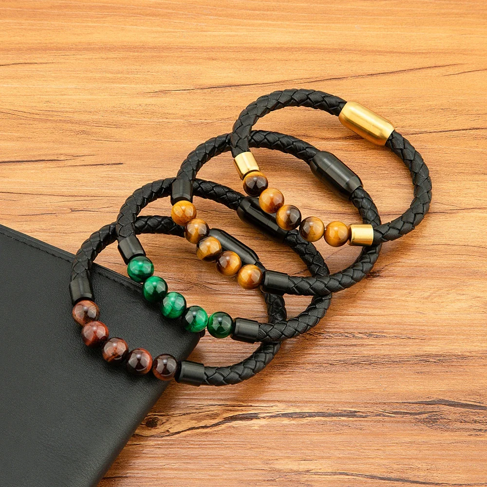 Bracelet Japonais cuir tressé pierre œil de tigre - Image 2
