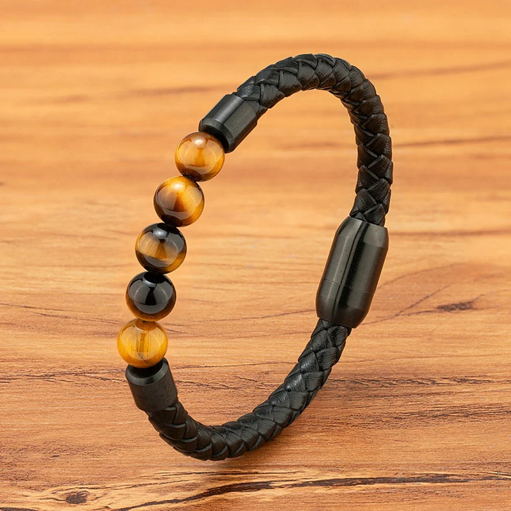 Bracelet Japonais cuir tressé pierre œil de tigre - Image 8