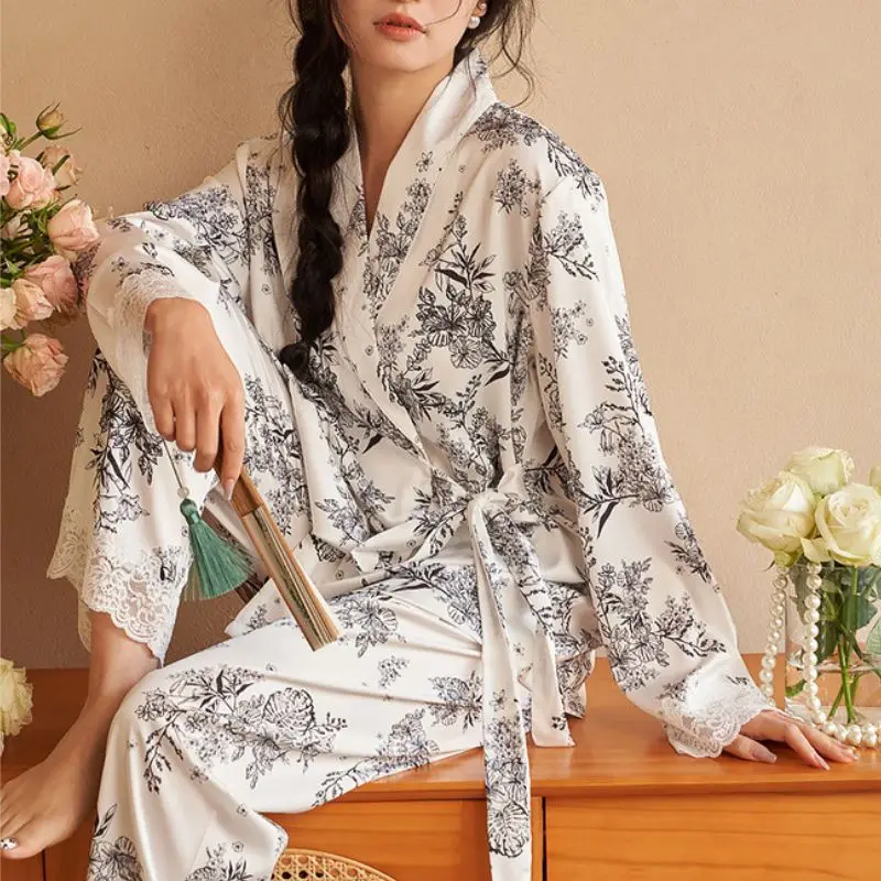 Ensemble Pyjama Kimono Femme Noir et Blanc - Image 4