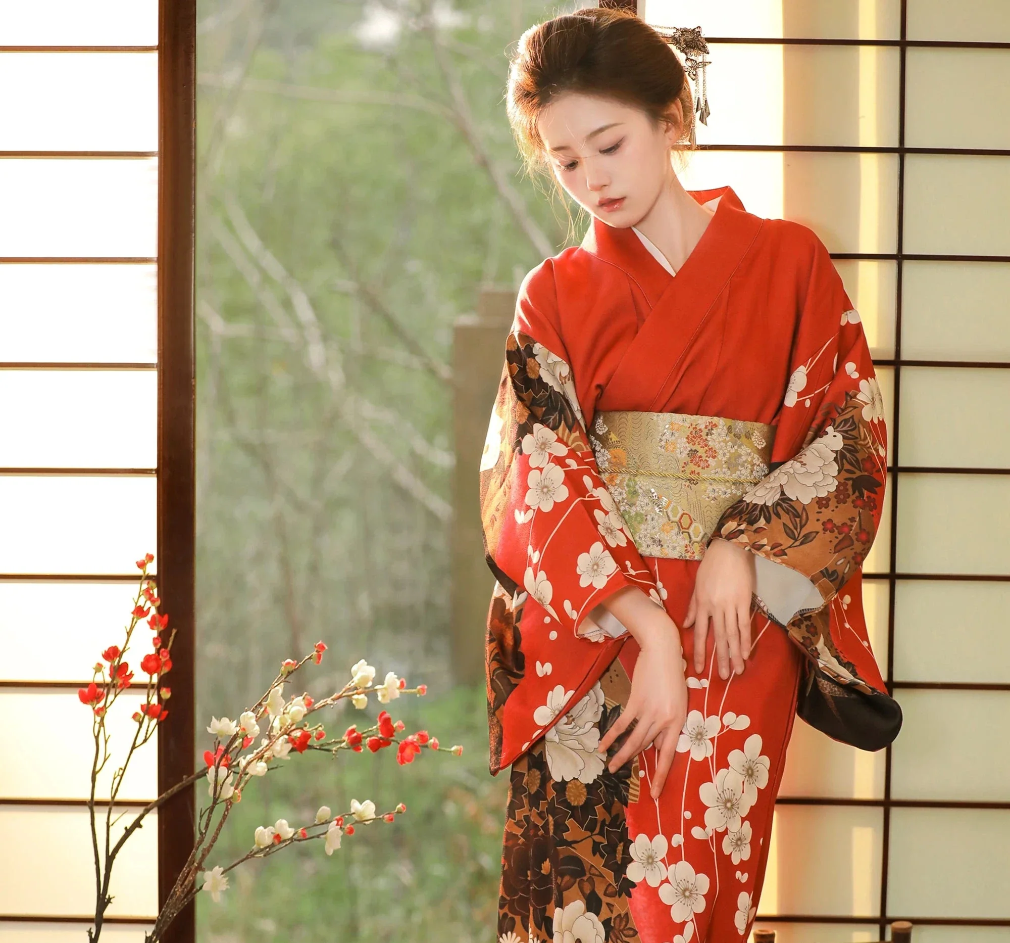 Kimono Japonais Ample Rouge Femme - Image 2