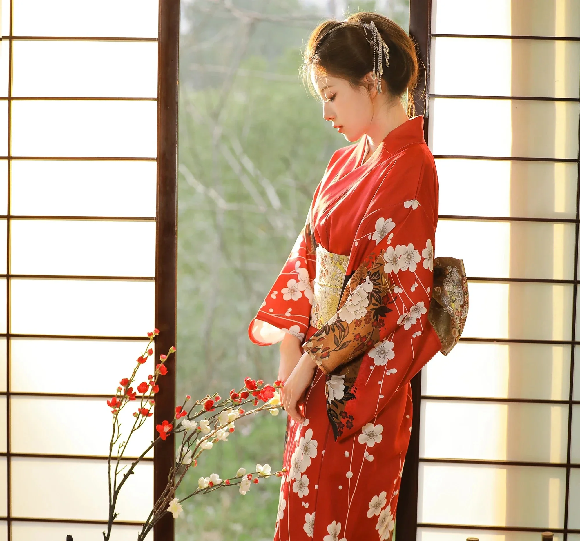 Kimono Japonais Ample Rouge Femme - Image 3