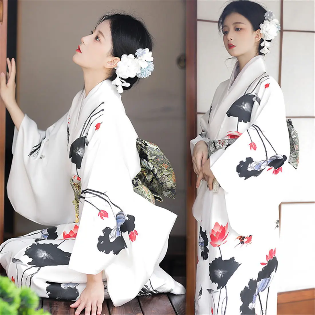 Kimono Japonais Femme Blanc à Motifs Floraux - Image 3