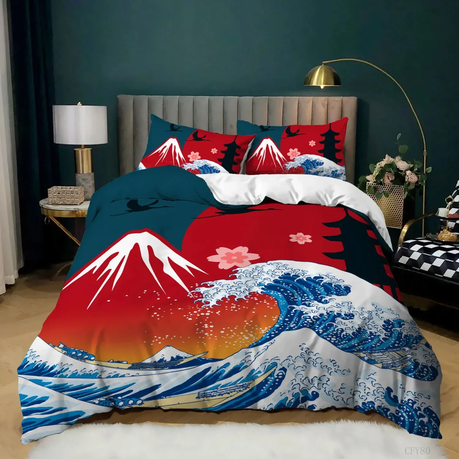 Parure de Lit Imprimé Vague et Mont Fuji