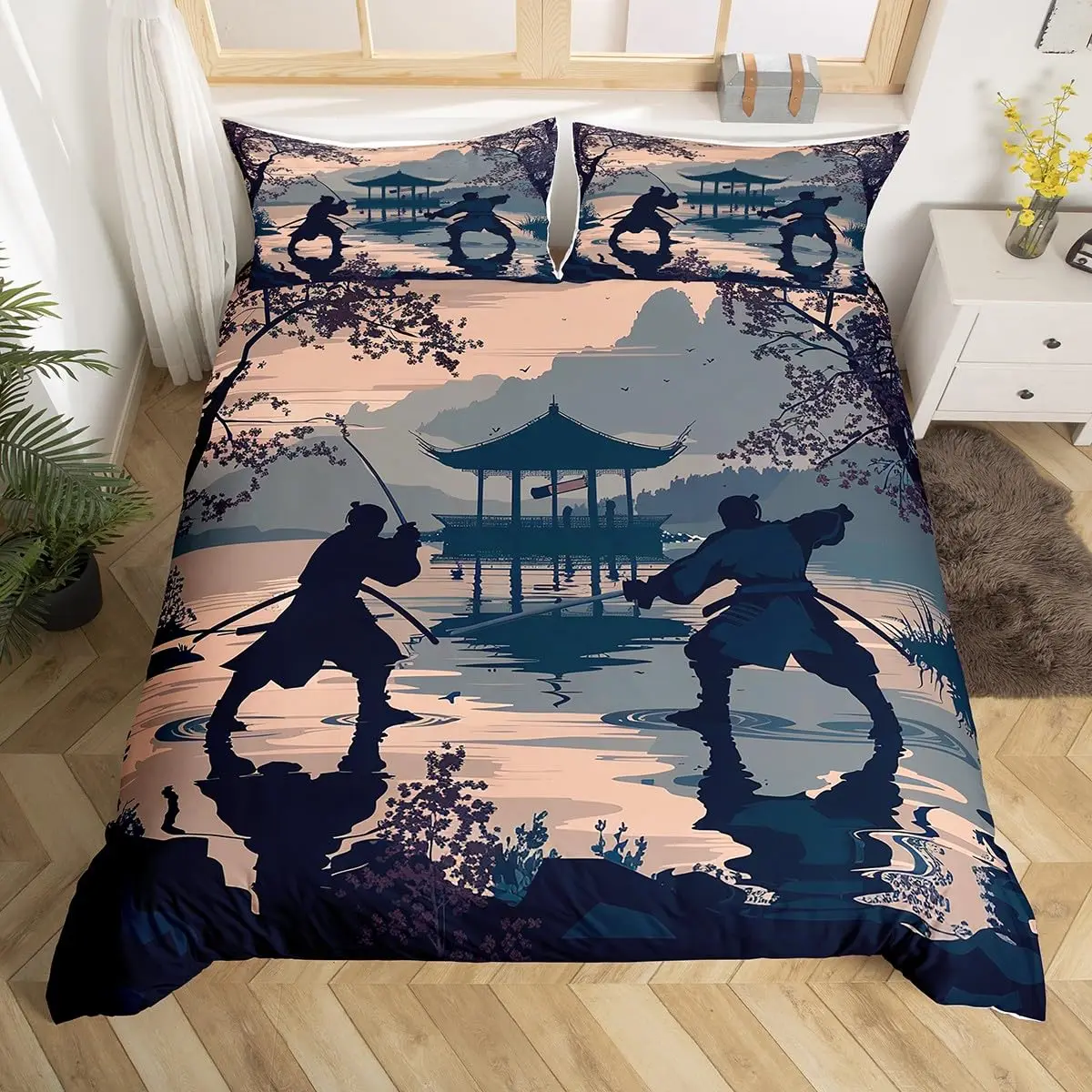 Parure de Lit Japonaise Bleu Motif Samouraï