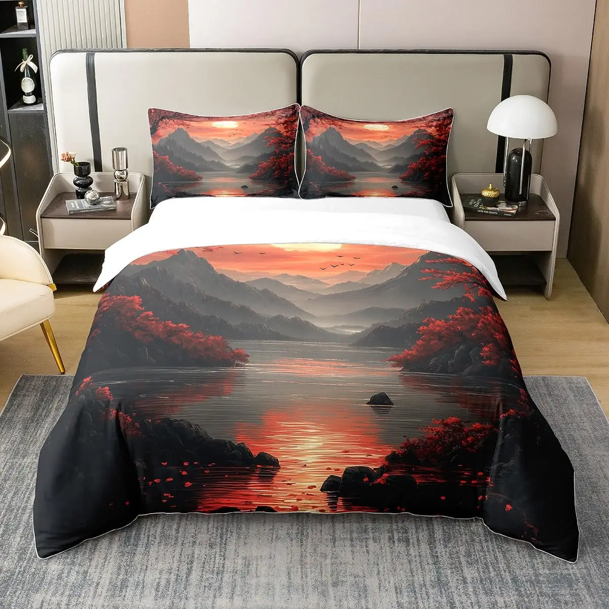 Parure de Lit Japonaise Noire Coucher du Soleil