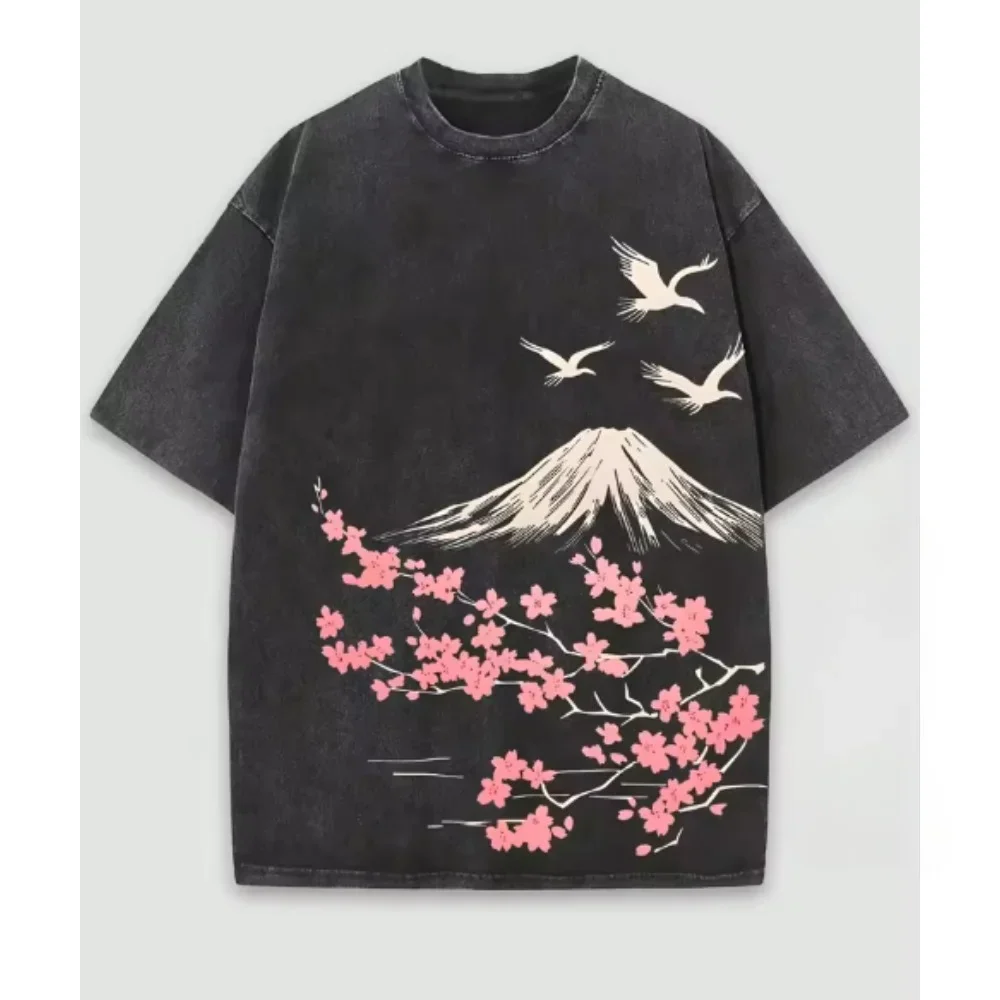 T-shirt Délavé Japonais Sakura Mont Fuji - Image 2