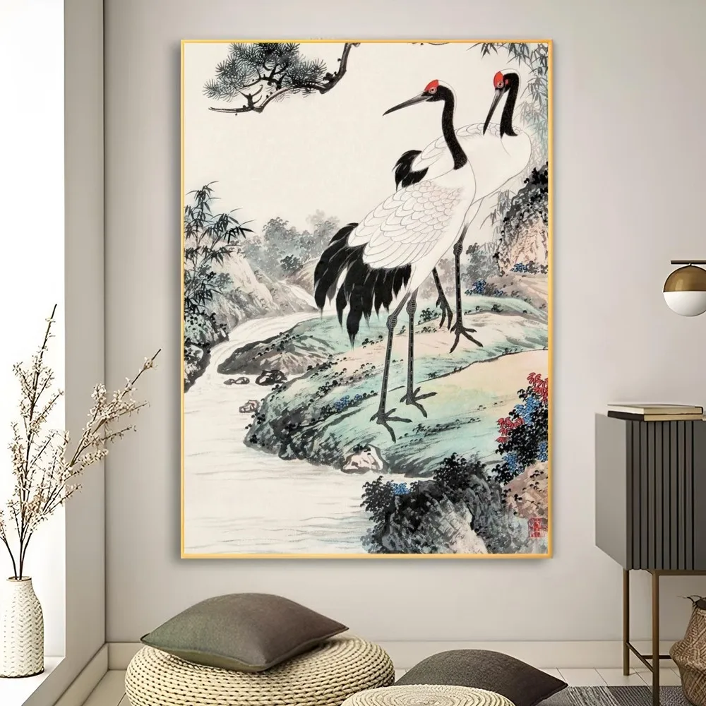 Tableau Japonais motif Grues Blanc Noir