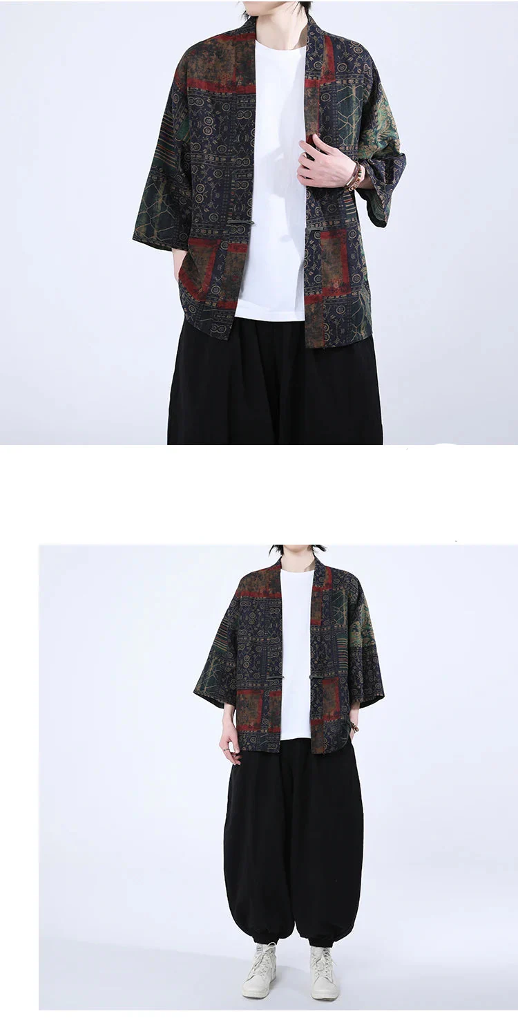 Veste Kimono Japonais Bleu à Motifs - Image 2