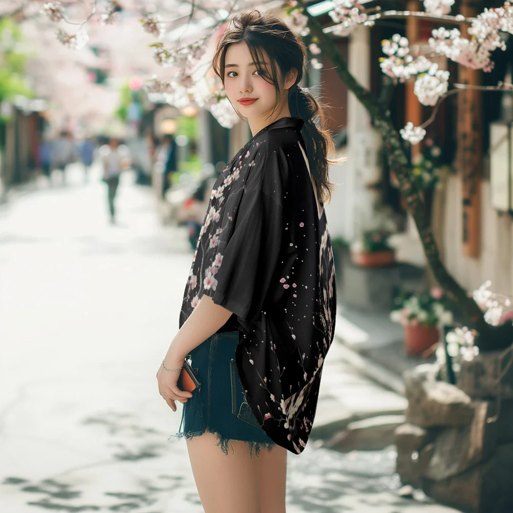 Veste Kimono Japonaise Femme Noir Sakura - Image 3